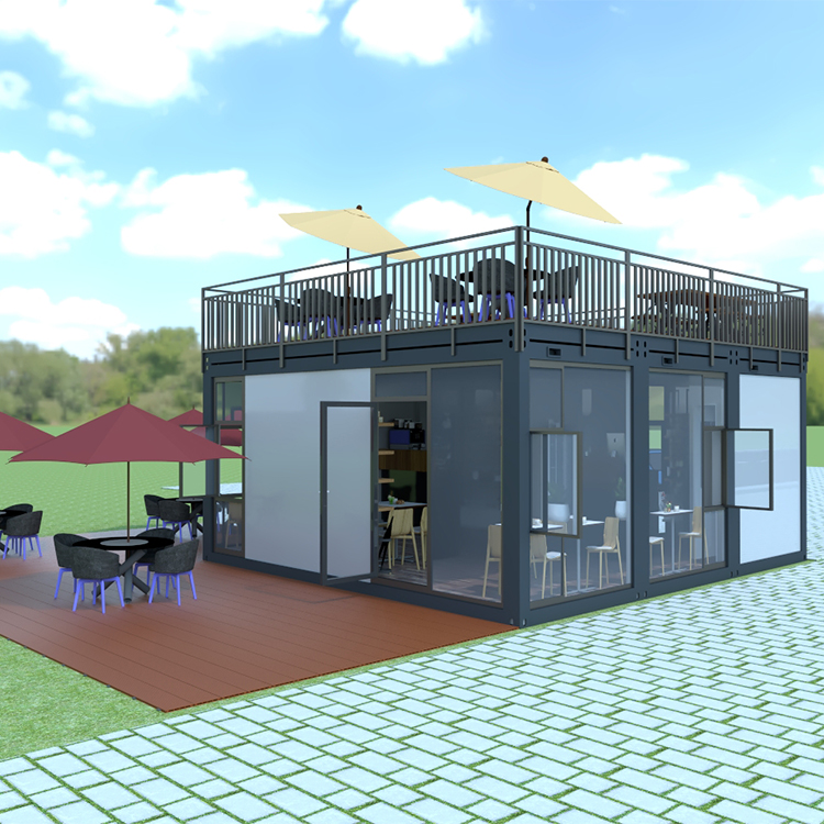Luxurious Coffee Shop Prefabricated Container Houses With 3 Containers Coffee Room 2 Floor Terrace Outdoor Stairs
